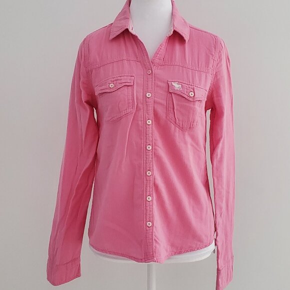 ABERCROMBIE & FITCH Women's Candy Pink Button Down Logo Shirt Striped Lining MED - Picture 1 of 10